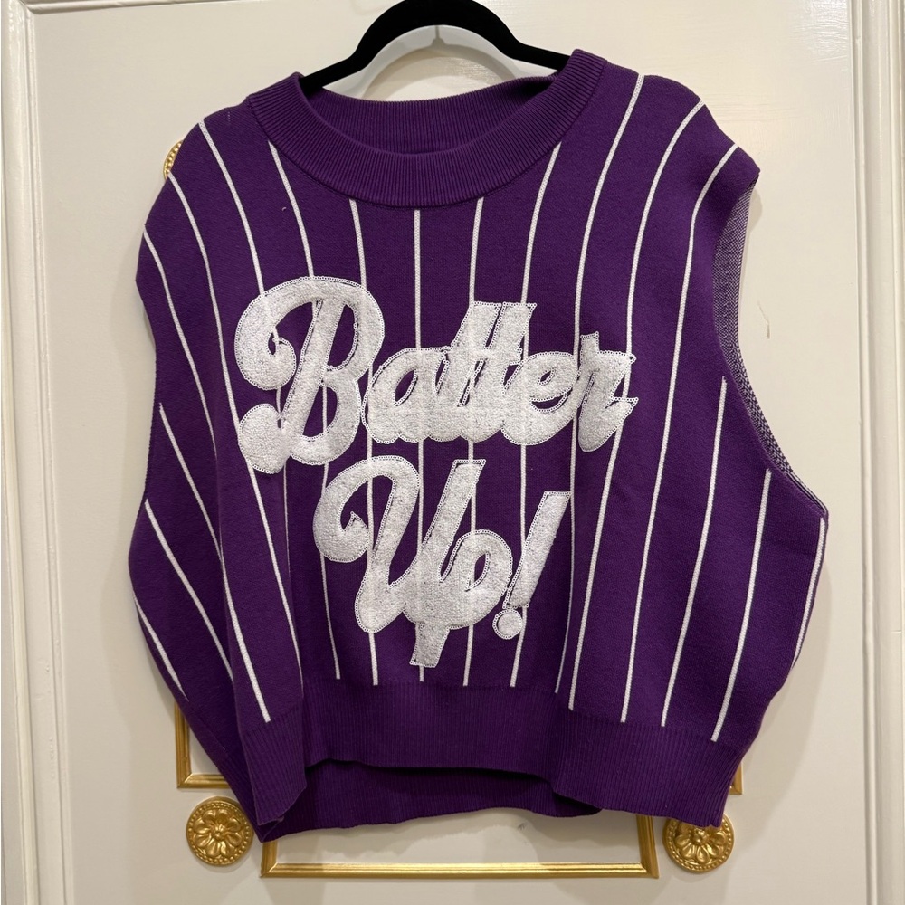QUEEN OF SPARKLES Baseball Purple & White Pinstripe Knit Sleeveless Top